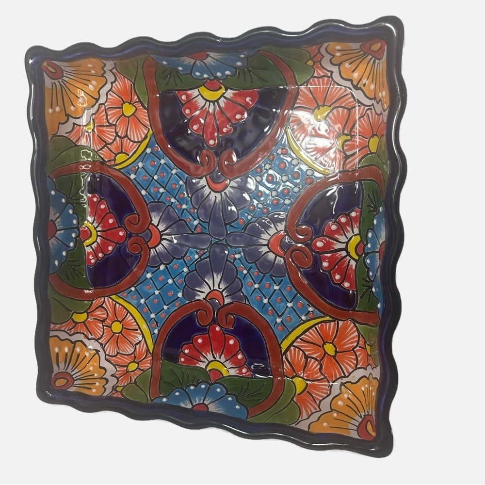 Vintage Talavera Mexico Pottery Floral Square Dish Vibrant 10.5”x1.5”